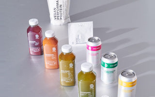 DALUMA Produktrange mit kaltgepressten Säften, Adaptogenic Kombucha, Shot, Vegan Performance Protein und Detox Cleansing Mask.