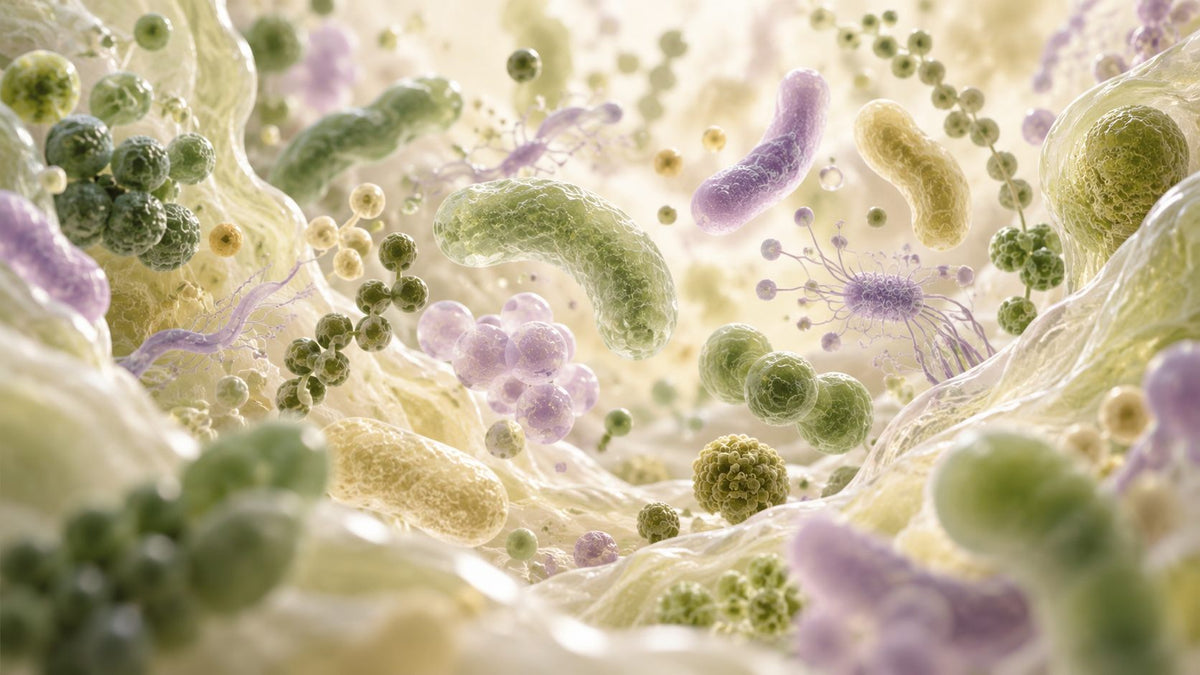 Mikroskopische Nahaufnahme der Darmflora mit grünen, gelben und violetten Bakterien in Stäbchen- und Kugelform zwischen hellen Schleimhautfalten