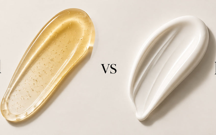 Retinal vs Retinol im Vergleich: goldgelbes Serum neben weißer Creme auf hellem Hintergrund