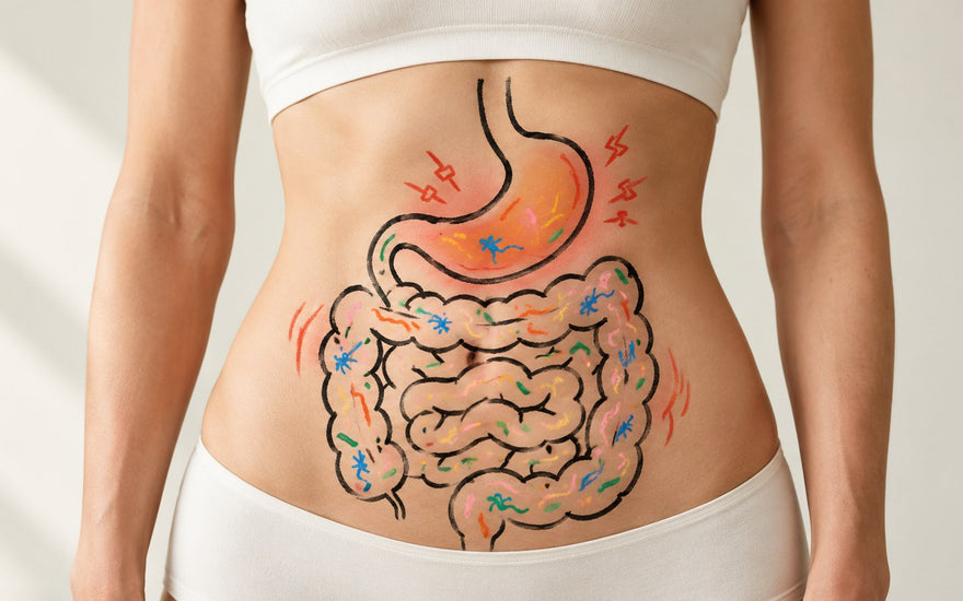 Bauch einer Frau mit aufgemalter Illustration von Magen und Darm, der Magen ist rot hervorgehoben und farbige Bakterien zeigen die Darmflora