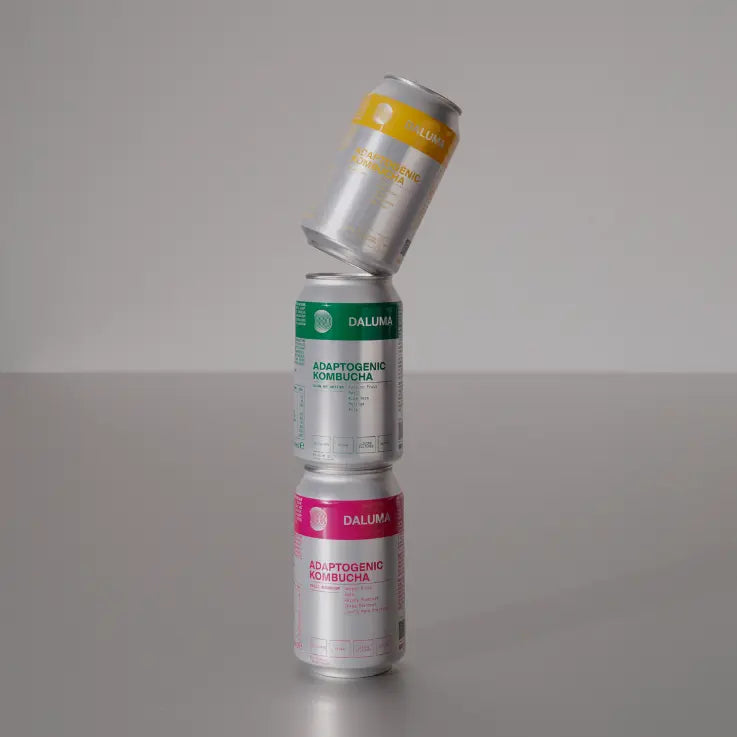 Drei Dosen Daluma-Kombucha sind auf einer grauen Fläche gestapelt. Zwei Dosen stehen aufrecht (grüne und rosafarbene Etiketten), eine Dose mit gelbem Etikett steht schräg darüber. Der Hintergrund ist schlicht und neutral.