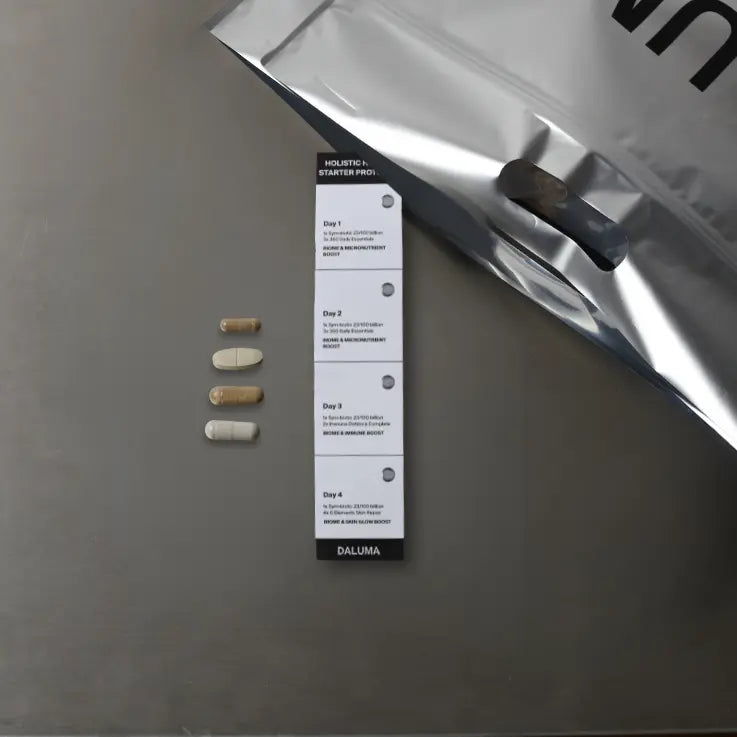 Vier verschiedene Kapseln sind neben einer Karte mit der Aufschrift "HOLISTIC STARTER PRO" und täglichen Anweisungen aufgereiht, daneben eine teilweise sichtbare Metalltasche mit einem Griff.