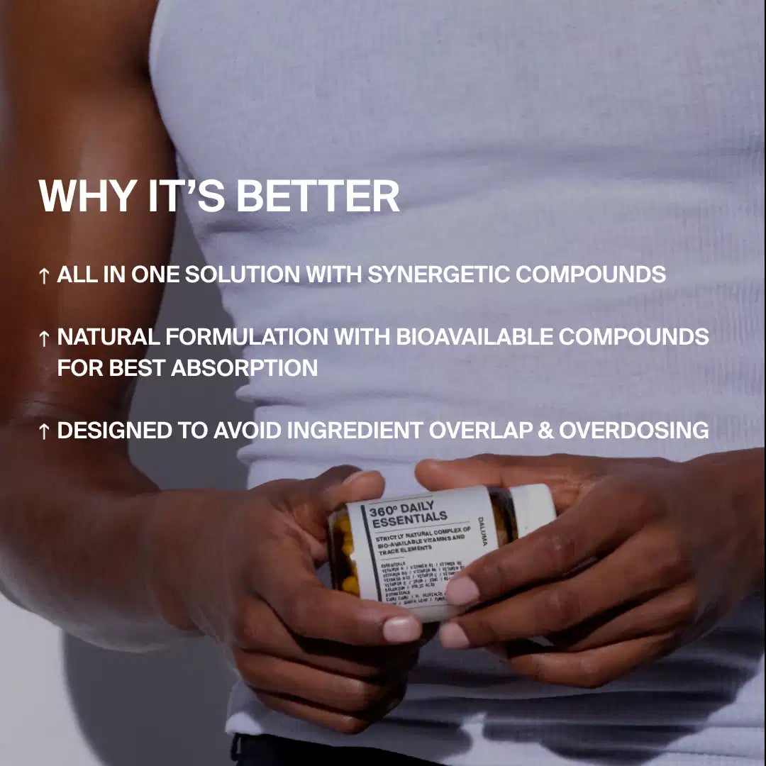 Eine Person in einem weißen Tank-Top hält das DALUMA 360 DAILY ESSENTIALS SUPPLEMENT in der Hand, das sich durch die Synergie der Inhaltsstoffe, die pflanzlichen Mikronährstoffe und die Vermeidung von Überschneidungen oder Überdosierungen von Inhaltsstoffen auszeichnet.