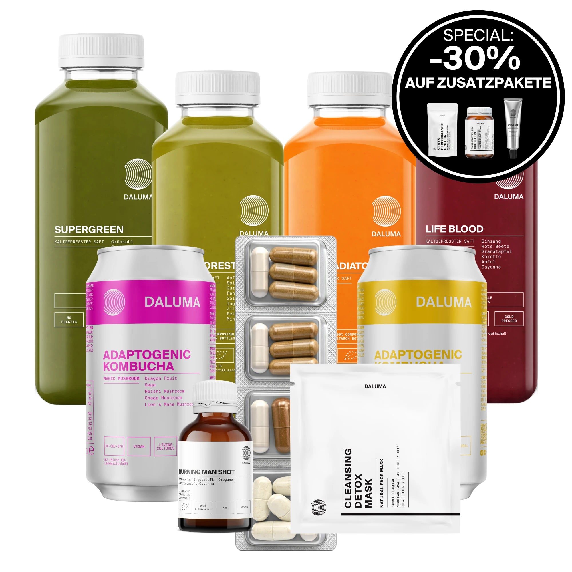 Entdecken Sie die DALUMA BESSERE SAFTKUR PLUS - 3 TAGE, mit bio-kaltgepressten Säften für Ihre Saftkur, jeweils mit einem schwarzen Rundetikett mit der Aufschrift 