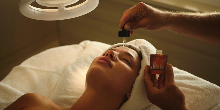 Eine Person liegt mit geschlossenen Augen auf einer Behandlungsliege, während eine Hand mit einer Pipette unter einer kreisförmigen Lampe ein Gesichtsserum aufträgt, was an eine entspannende Spa- oder Hautpflegebehandlung denken lässt.