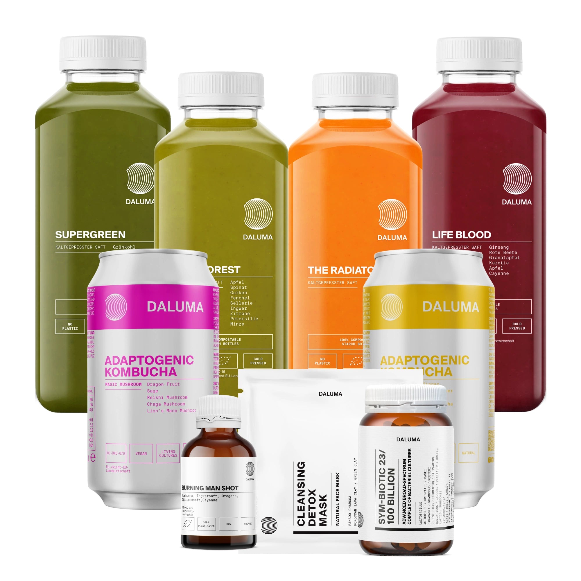 Eine Auswahl der BETTER GUT SAFTKUR 7 TAGE von DALUMA umfasst drei grüne und zwei rote Säfte, zwei Kombucha-Dosen, eine kleine Flasche, zwei Nahrungsergänzungsgläser und ein Detox-Masken-Paket, die alle für die Darmgesundheit zusammengestellt wurden.