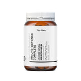 Eine braune Flasche mit einer weißen Kappe mit der Aufschrift IMMUN DEFENCE COMPLETE von DALUMA, die einen fortschrittlichen natürlichen Immunitätskomplex mit Inhaltsstoffen wie Allicin zur Unterstützung der Immunabwehr enthält.