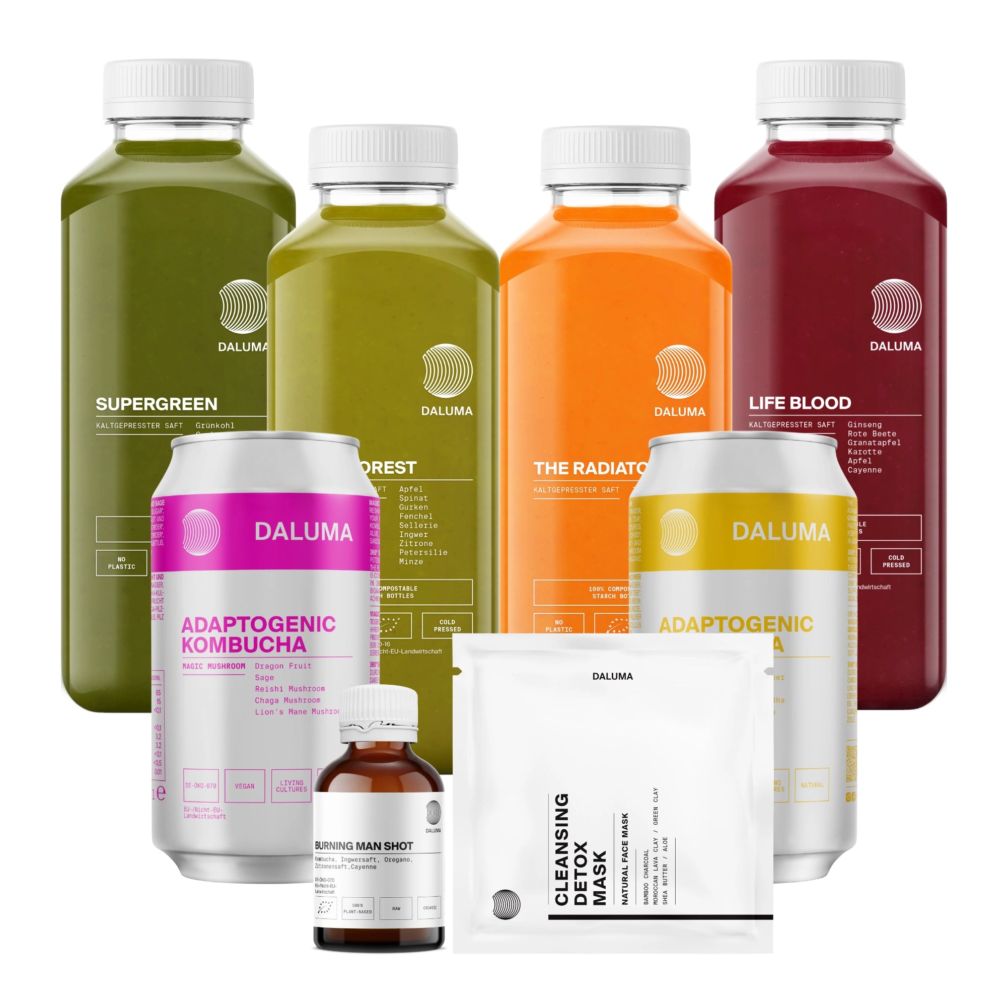 Ein Set von DALUMA BESSERE SAFTKUR 7 TAGE Wellness-Produkten - vier Saftflaschen, zwei Dosen, eine braune Shot-Flasche aus Glas und eine weiße Packung mit einer Reinigungs- und Entgiftungsmaske - angeordnet auf einem weißen Hintergrund.