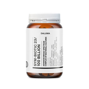 Eine braune Flasche mit weißem Deckel und der Aufschrift "DALUMA" enthält SYM-BIOTIC 23/100 BILLION DARMBAKTERIEN, ein fortschrittliches Breitspektrum-Probiotikum mit lebenden Bakterienkulturen und Rotalgen-Kalzium.