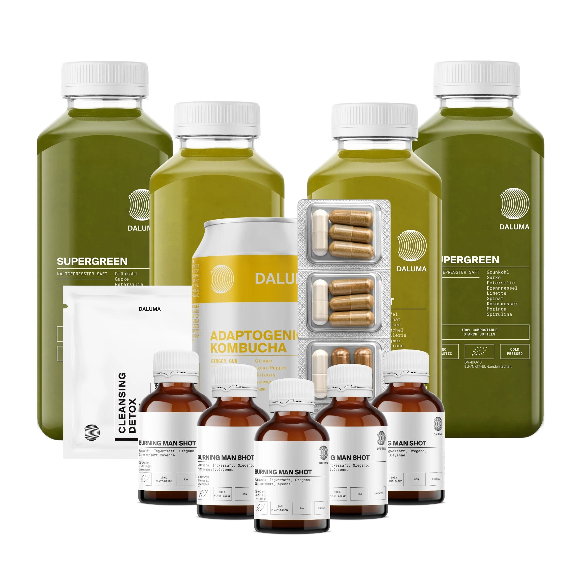 Eine Auswahl an DALUMA-Produkten, darunter GRÜNE SAFTKUR PLUS - 5 TAGE Flaschen, Kombucha, Bio-Gemüsesäfte, Ergänzungskapseln und Portionspackungen - fein säuberlich angeordnet auf weißem Hintergrund.