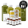 GREEN JUICE PLUS SAFTKUR 3 TAGE von DALUMA wird zusammen mit anderen Gesundheitsprodukten wie Kombucha, Kapseln und Reinigungspulver angeboten. Auf einem schwarzen runden Etikett steht "SPECIAL: -30% AUF ZUSATZPAKETE.