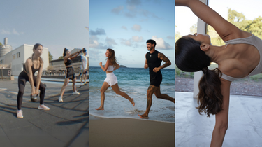 Eine Collage zeigt drei Szenen: Frauen, die im Freien Gewichte heben, zwei Menschen, die an einem Strand laufen, und eine Frau, die drinnen vor einem Fenster Yoga übt.