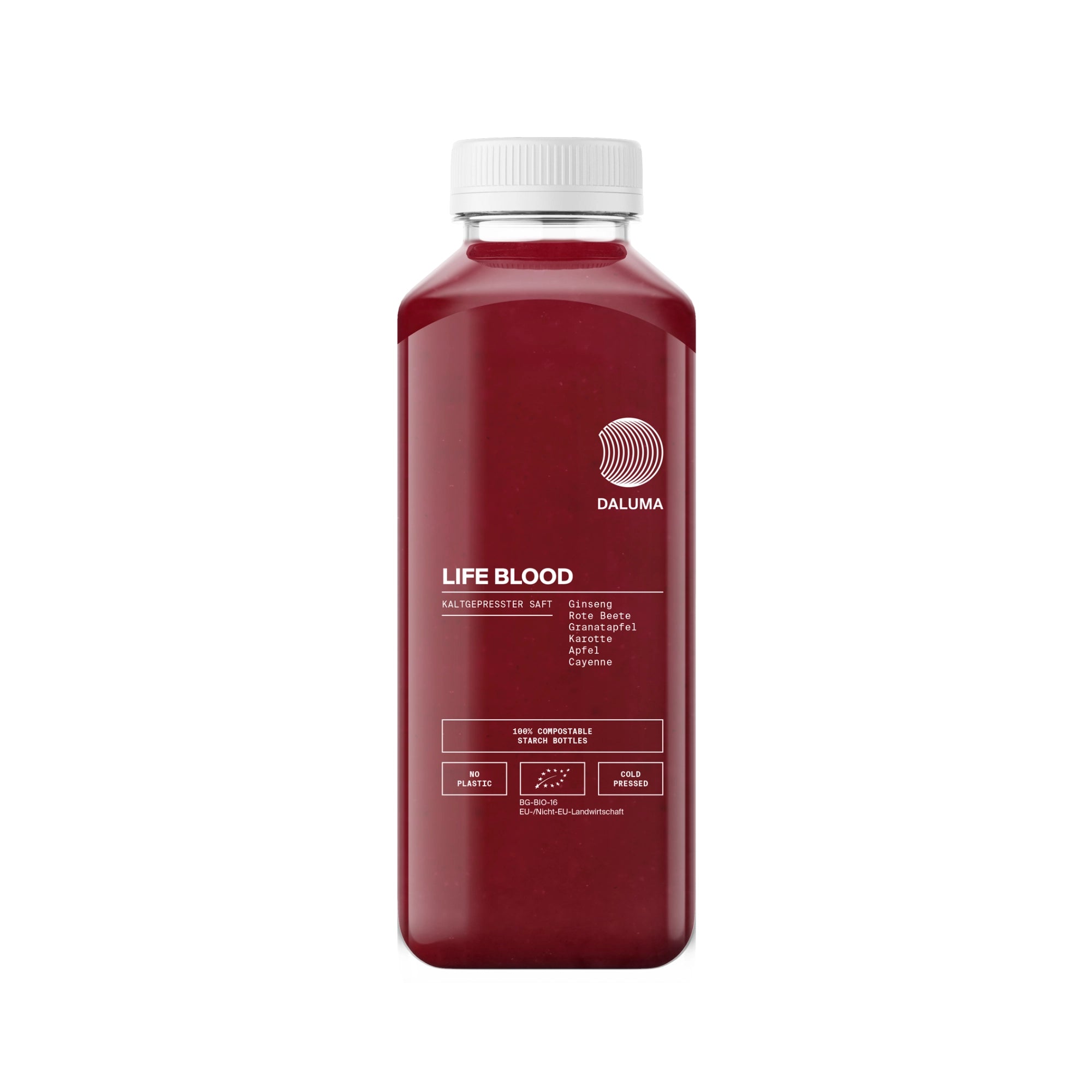 Eine klare Kunststoffflasche mit weißem Verschluss enthält DALUMA LIFE BLOOD POWER SAFT, einen dunkelroten Saft mit Spinat, Roter Bete, Karotte, Apfel, Zitrone und Cayenne; erhältlich als 6er-Pack.