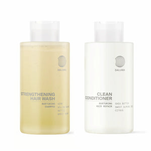 Das HAIR CARE DUO von Daluma-shop besteht aus zwei durchsichtigen Flaschen mit weißem Verschluss: Kräftigende Haarwäsche (gelb, links) und Clean Conditioner (weiß, rechts) - ein veganes Set für gesundes Haarwachstum.