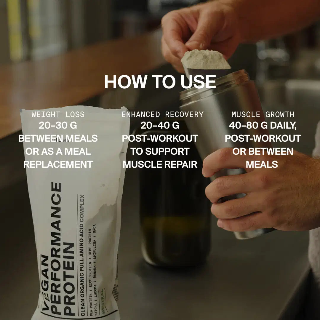 Eine Person gibt DALUMA VEGANES PERFORMANCE PROTEIN VANILLE in einen Shaker, in dessen Nähe die Packung abgebildet ist. Der Text hebt die Vorteile für Gewichtsverlust, Erholung und Muskelwachstum hervor, einschließlich der Richtlinien für die tägliche Aufnahme in Gramm.