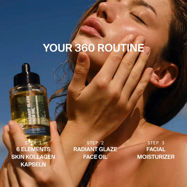 Eine Frau trägt DALUMA RADIANT GLAZE GESICHTSÖL mit einer Hand auf ihre Wange auf und hält die Tropfflasche. Überlagerter Text: YOUR 360 ROUTINE-Schritt 1: Hautkollagenkapseln, 2: RADIANT GLAZE GESICHTSÖL, 3: Feuchtigkeitscreme für das Gesicht.
