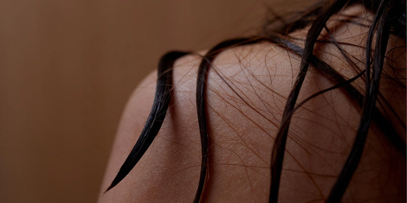 Nahaufnahme einer nackten Schulter einer Person mit nassen, dunklen Haarsträhnen, die über die Haut drapiert sind. Der Hintergrund ist in einem warmen Braunton sanft verschwommen.