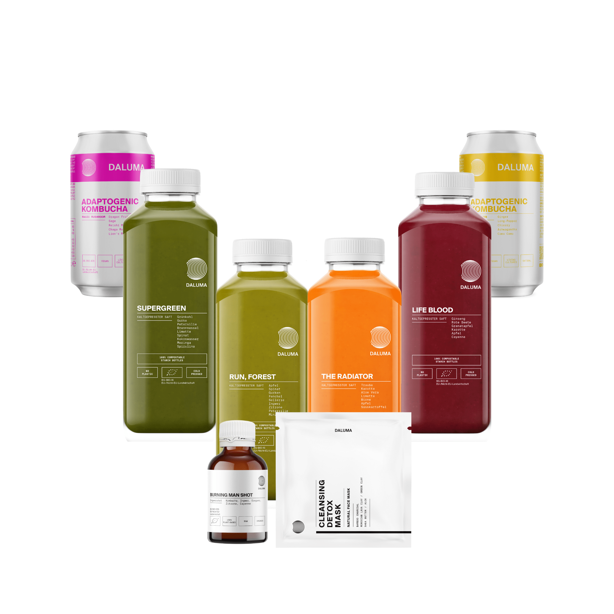 Das DALUMA BESSERE SAFTKUR - 7 TAGE Set besteht aus bio-kaltgepressten Säften, adaptogenen Kombucha-Dosen, einer Ergänzungsflasche und reinigenden Snack-Paketen - alles schön arrangiert auf einem weißen Hintergrund.