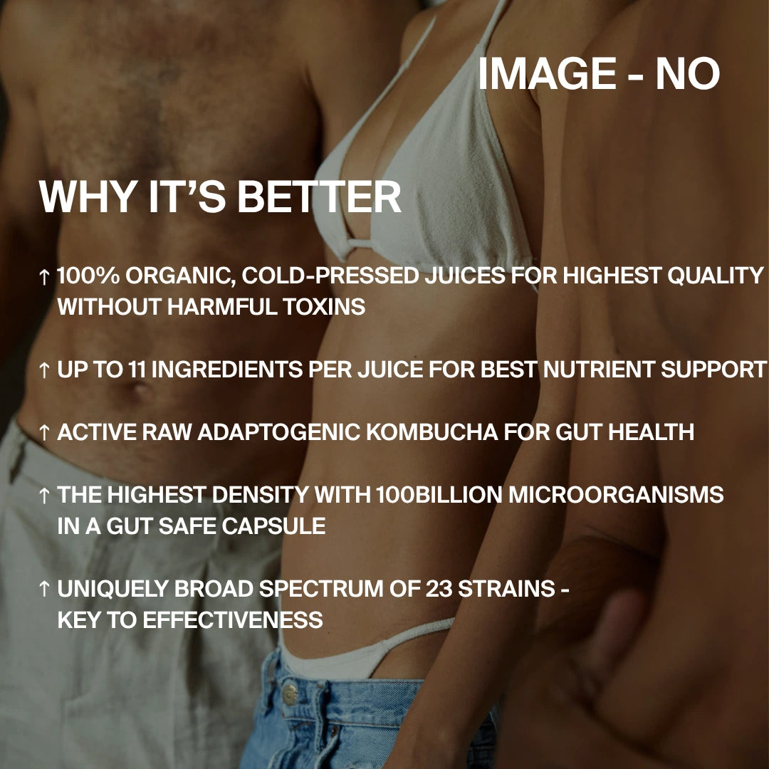 Drei Personen in minimalistischer weißer Kleidung stehen dicht beieinander. Der eingeblendete Text hebt die BETTER GUT SAFTKUR 3 TAGE von DALUMA hervor: biologisch kaltgepresste Säfte, Nährstoffunterstützung, adaptogene Kombucha, Probiotika und ein breites Spektrum an Stämmen für eine optimale Darmgesundheit.