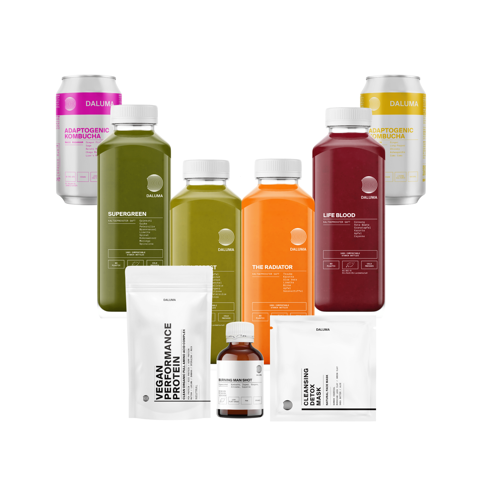 Die BETTER SHAPE SAFTKUR 5 TAGE von DALUMA wird zusammen mit Nahrungsergänzungsmitteln, Proteinpulvern und Kombucha-Dosen auf einem weißen Hintergrund dargestellt.