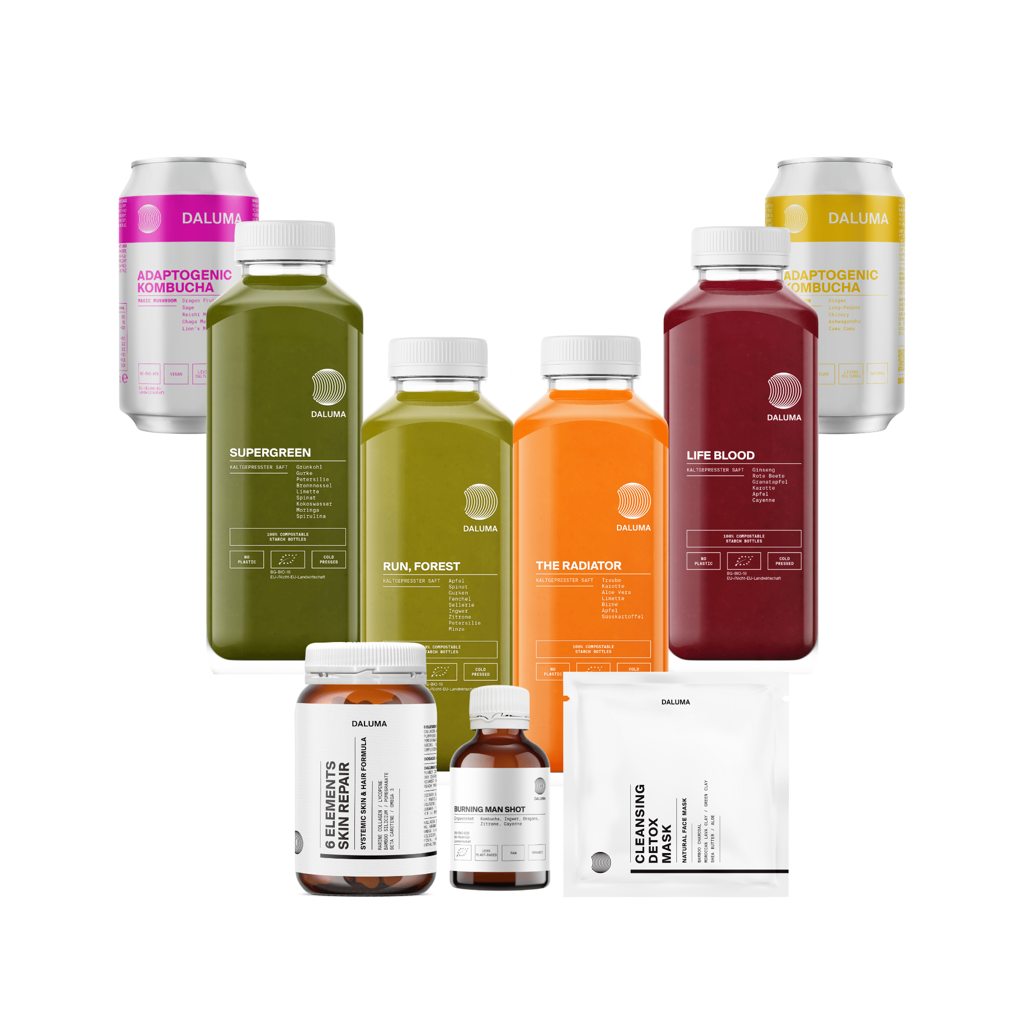 Die BETTER SKIN SAFTKUR 3 TAGE von DALUMA mit bio-kaltgepressten Säften in grünen, orangefarbenen und roten Flaschen steht neben Kombucha-Dosen, Nahrungsergänzungsmitteln und Packungen - alles auf weißem Hintergrund.
