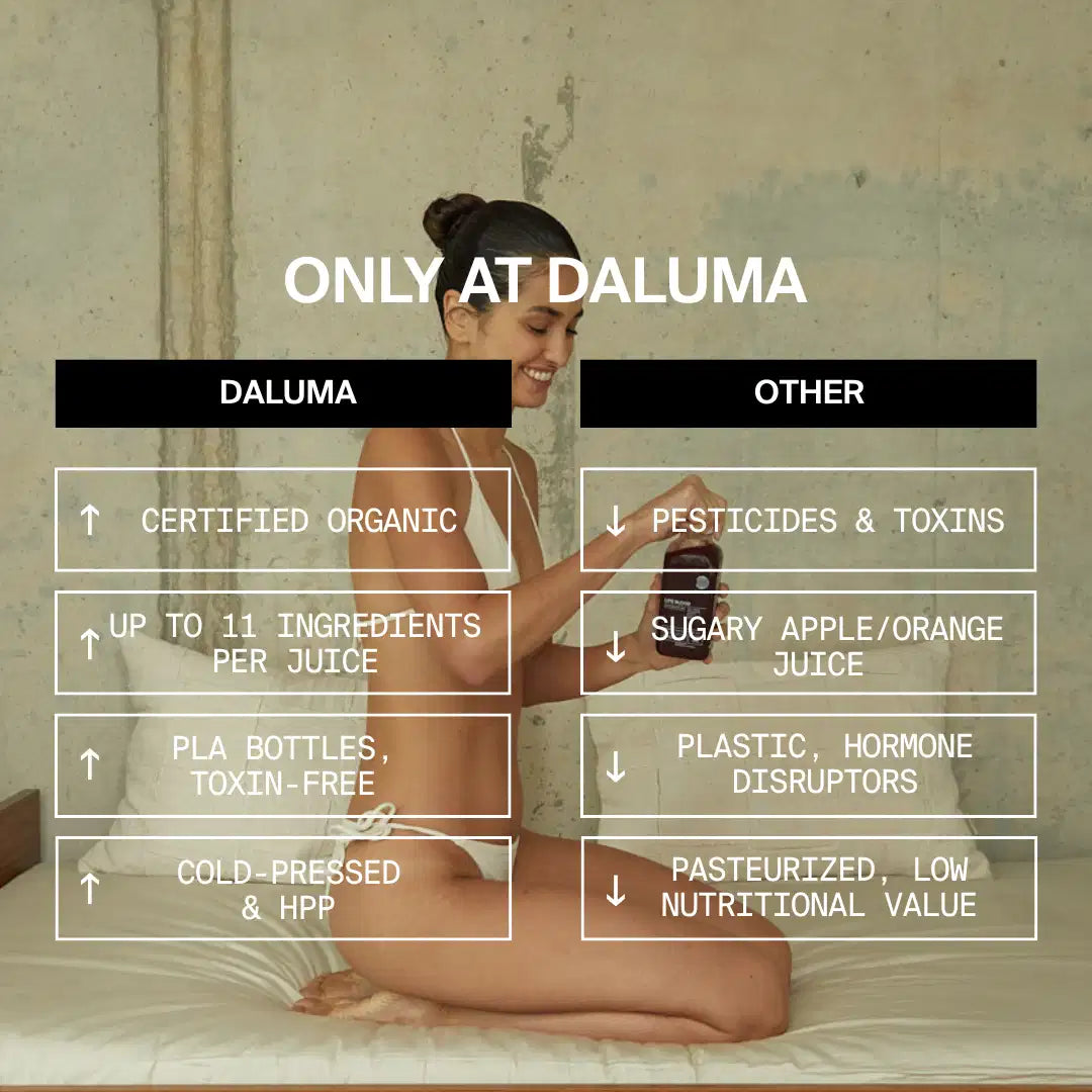 Eine lächelnde Frau in einem weißen Bikini sitzt auf einem Bett und schenkt DALUMA LIFE BLOOD POWER SAFT ein. Eine Tabelle hebt DALUMA (Bio, viele Inhaltsstoffe, giftfrei, kaltgepresst) im Vergleich zu anderen Säften (Pestizide, weniger Nährstoffe) hervor.