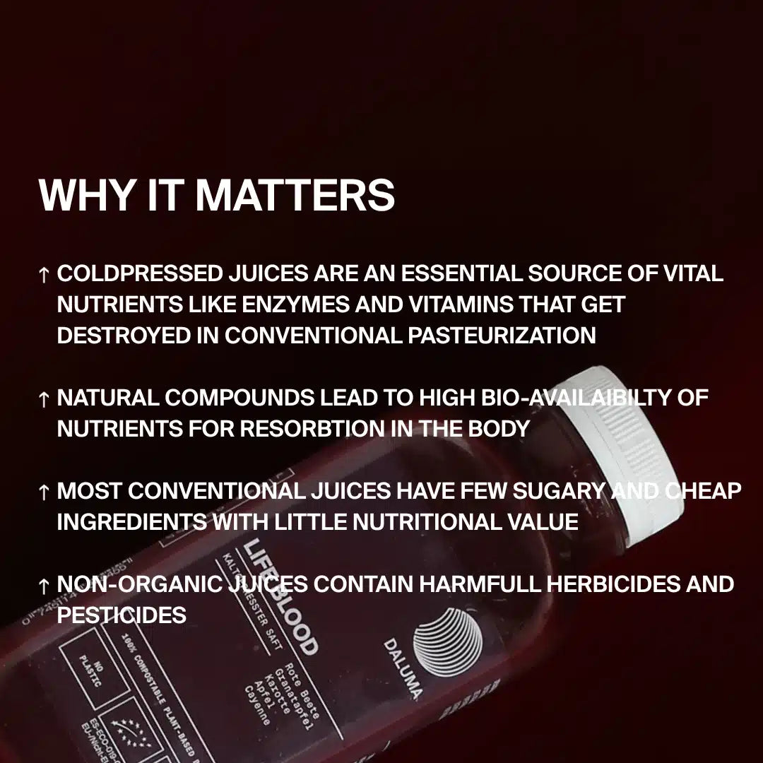 Neben einem DALUMA LIFE BLOOD POWER SAFT 6 PACK befindet sich eine Liste mit der Überschrift 