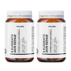 Zwei braune Flaschen DALUMA SIX ELEMENTS SKIN KOLLAGEN KAPSELN DOUBLE, angereichert mit Bambus-Silizium und Meeres-Kollagen für eine intensive Hautregeneration, stehen nebeneinander auf einem schlichten Hintergrund.