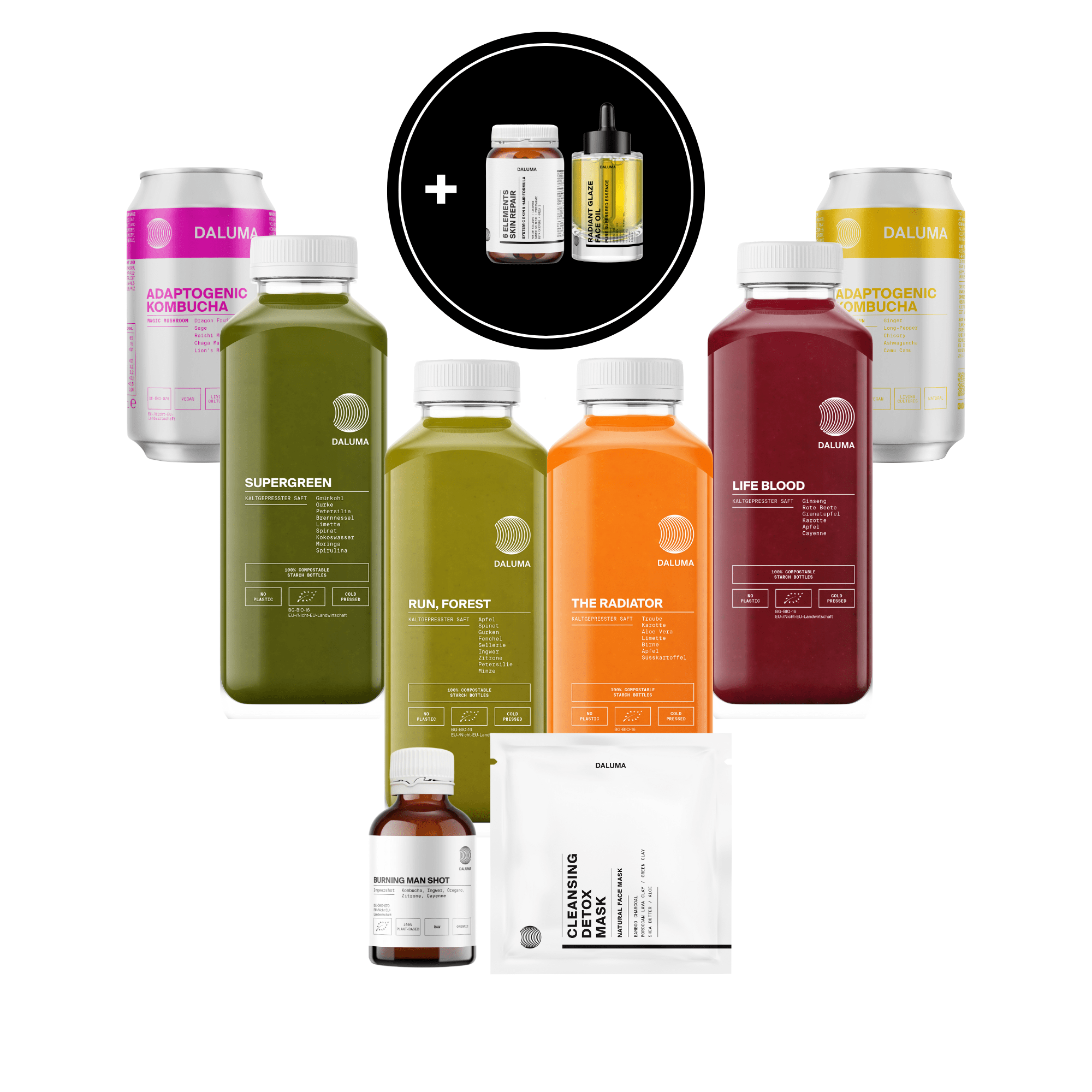 Das DALUMA FACE GLOW SUMMERBODY CLEANSE - 3 TAGE Set besteht aus biologisch kaltgepressten Saftflaschen, Kombucha-Dosen, einer Ergänzungsflasche, einer Tropfflasche und einem Reinigungspulverpaket auf weißem Hintergrund.