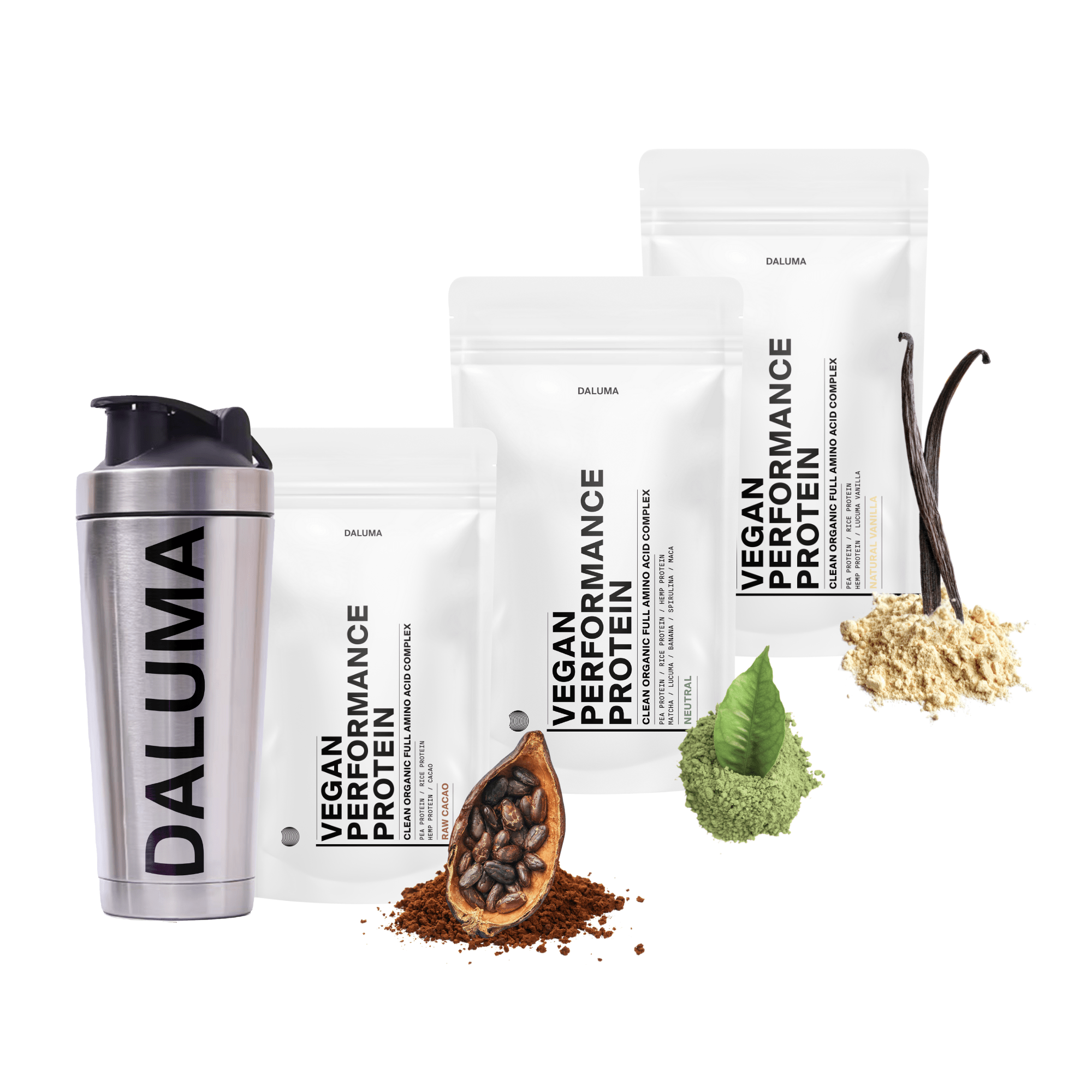 Drei DALUMA VEGAN PERFORMANCE PROTEIN STARTER PACK-Beutel stehen in einer Reihe mit einem Shaker auf der linken Seite. Die Geschmacksrichtungen Kakao, Matcha und Vanille heben pflanzliches Protein für Muskelaufbau und ein optimales Aminosäureprofil hervor.