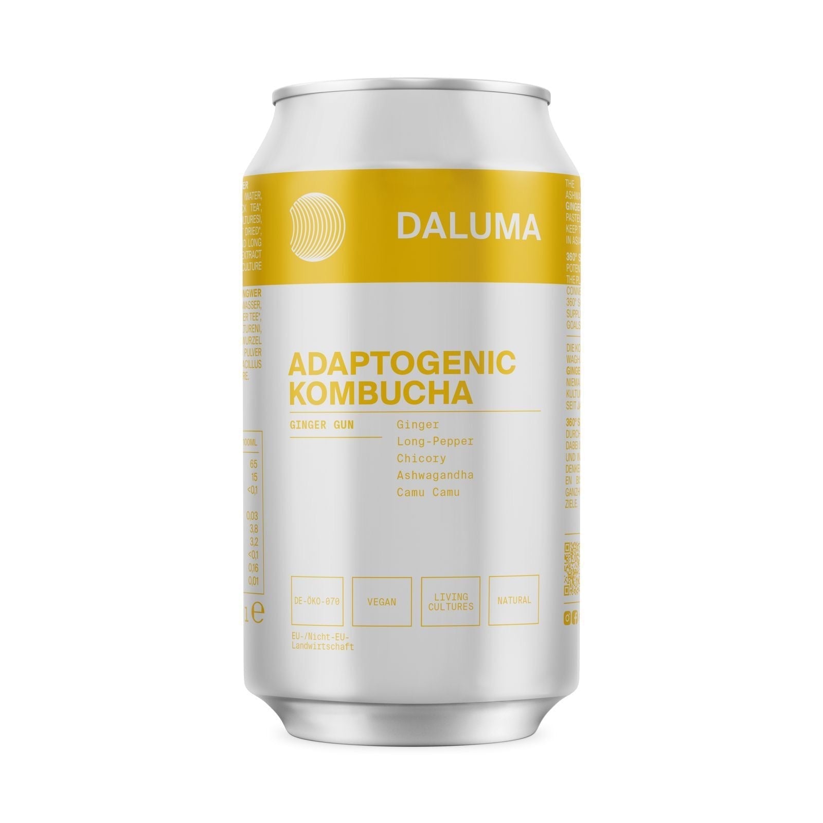 Eine weiß-gelbe Dose DALUMA GINGER GUN INGWER KOMBUCHA, hergestellt mit Ingwer, langem Pfeffer, Zichorie, Ashwagandha, Camu Camu; vegane Zutaten und probiotische Kulturen für Darmgesundheit.