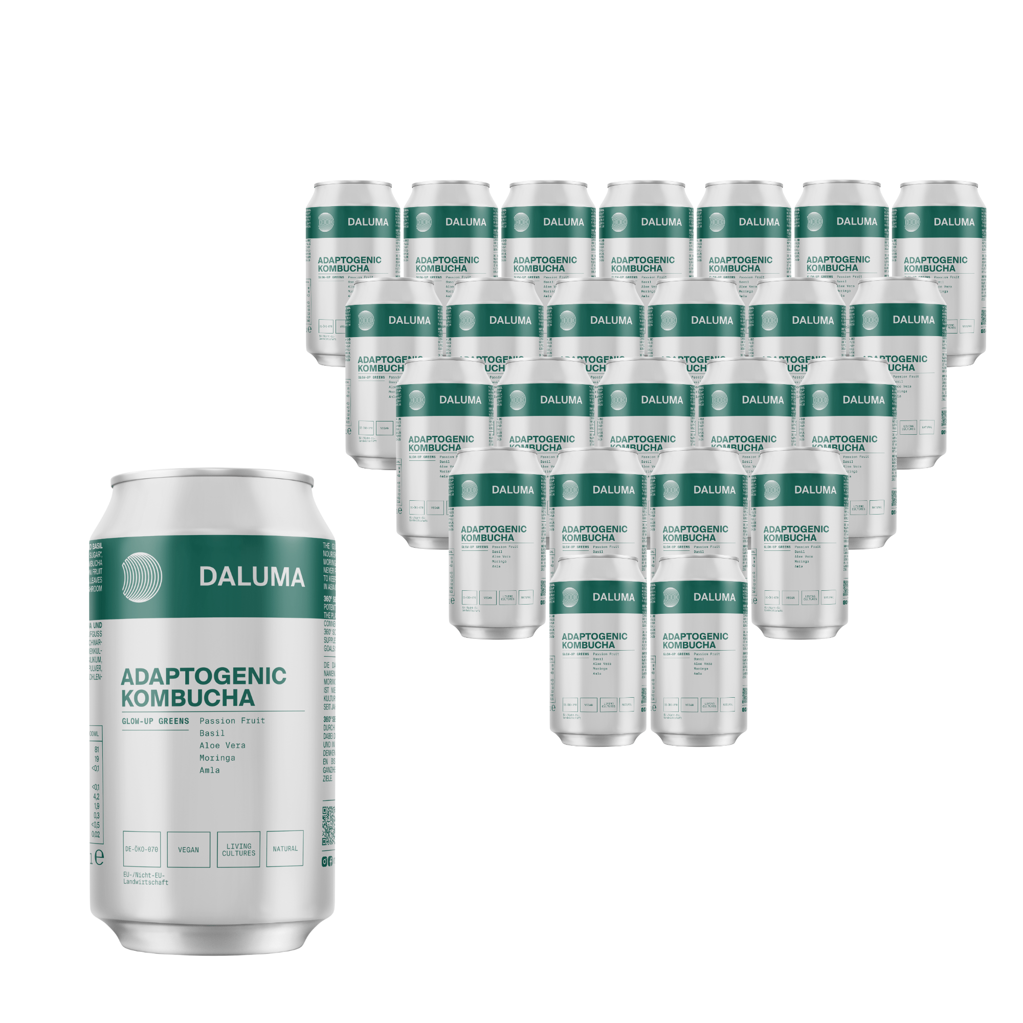 Sechzehn Dosen DALUMA GLOW UP GREENS MARACUJA KOMBUCHA, die mit probiotischen Kulturen die Darmgesundheit fördern, sind in einem Dreieck angeordnet. Eine Dose mit grün-weißem Etikett steht prominent im Vordergrund.