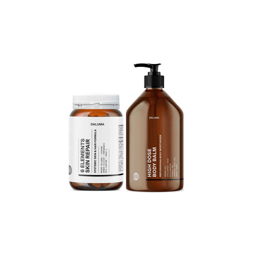 Das DALUMA SKIN NOURISHING DUO zeigt einen Tiegel und eine braune Pumpflasche nebeneinander auf einem weißen Hintergrund.