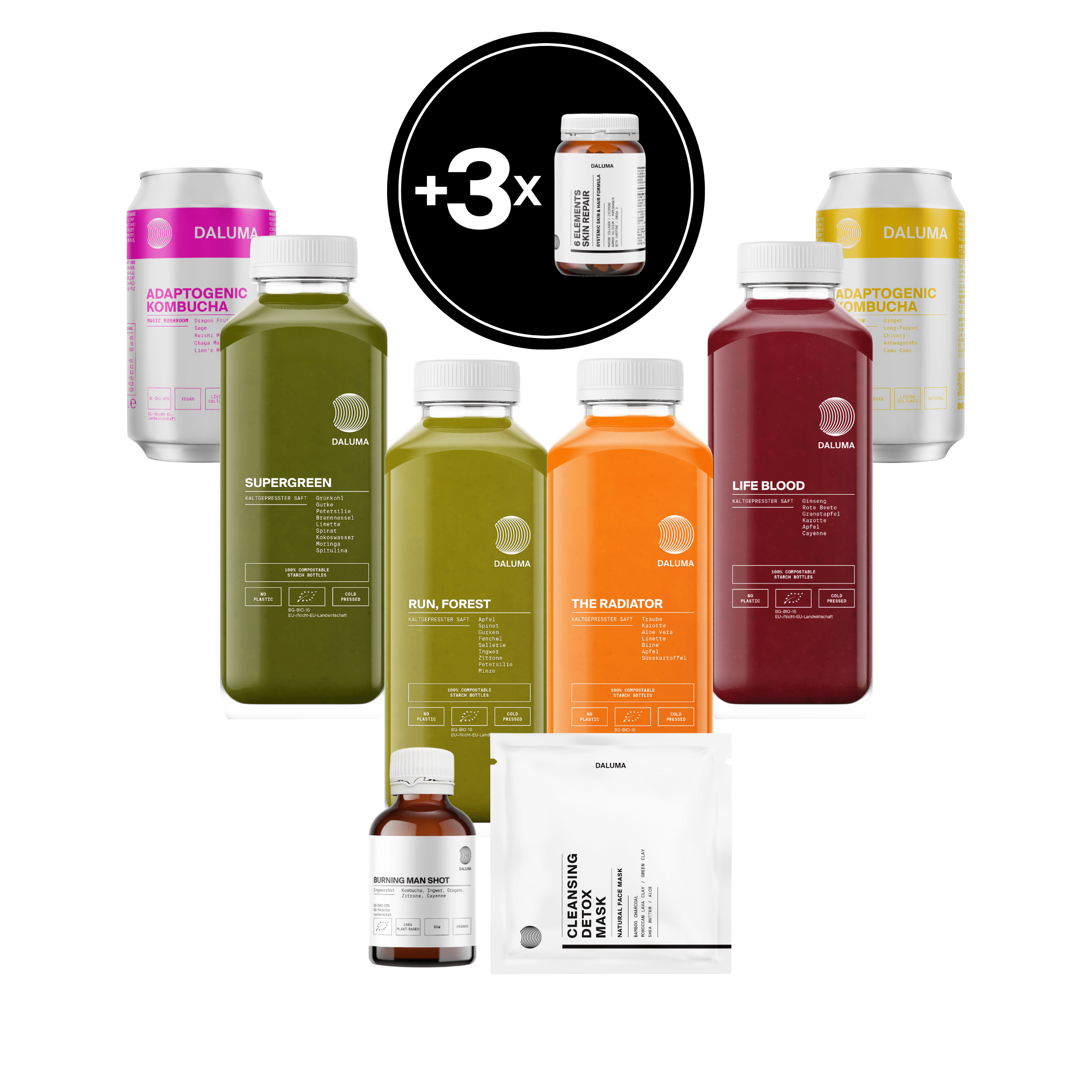 Das DALUMA INSIDE-OUT SUMMERBODY CLEANSE - 3 TAGE enthält Kombucha-Dosen, SUPERGREEN und RUN, FOREST-Säfte, THE RADIATOR und LIFE BLOOD-Flaschen, eine Shot-Flasche, ein Nahrungsergänzungsglas und einen Beutel mit Reinigungspulver - ideal für Ihre nächste Saftkur.
