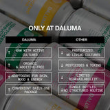Ein Vergleichsdiagramm zwischen "DALUMA RAW KOMBUCHA DISCOVERY SET" und "Andere". DALUMA: unterstützt die Darmgesundheit, probiotische Kulturen, organisch/zusatzstofffrei, Adaptogene, Packungen für den täglichen Gebrauch. Andere: pasteurisierter Kombucha, Toxine, begrenzter Nutzen, keine Routine.