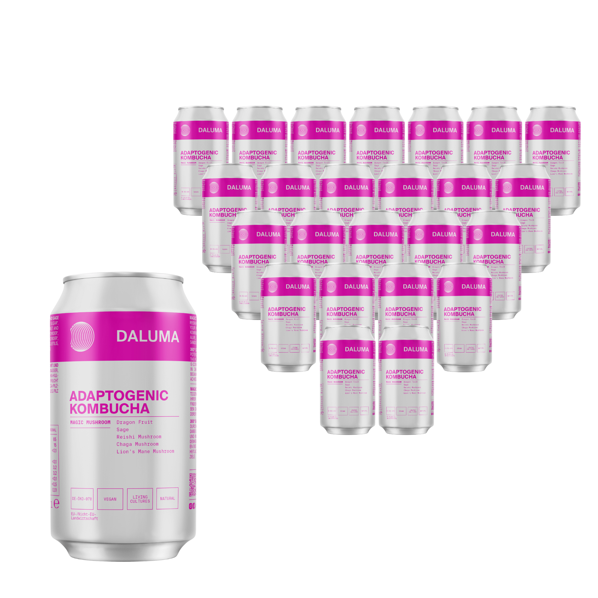 Fünfzehn Dosen DALUMA MAGIC MUSHROOM DRACHENFRUCHT KOMBUCHA, vollgepackt mit probiotischen Kulturen für optimale Darmgesundheit, bilden eine Pyramide, wobei eine weitere Dose vorne links in der Gruppe steht.