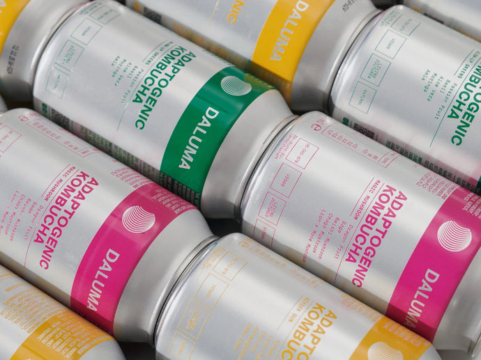 Mehrere silberne Dosen von Daluma Adaptogenic Kombucha sind in einem diagonalen Muster angeordnet. Die Dosen haben Etiketten in verschiedenen Farben, darunter grün, rosa und gelb, mit fettgedrucktem Text, der die Marke und den Produktnamen angibt.