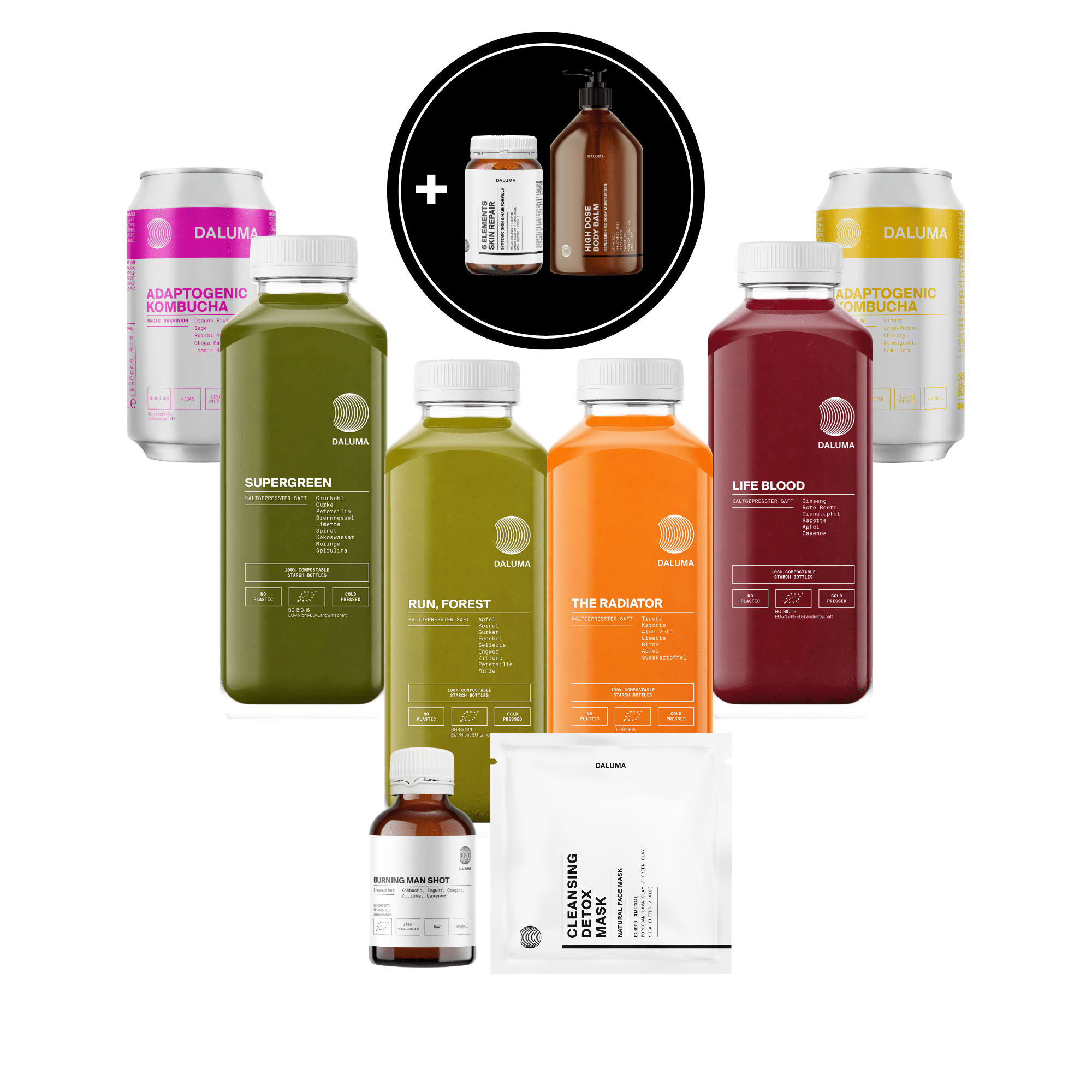 DALUMA's SKIN NOURISHING SUMMERBODY CLEANSE - 3 TAGE zeigt bio-kaltgepresste Säfte, Kombucha-Dosen, eine braune Flasche, ein kleines Fläschchen und einen Reinigungsbeutel, alles auf weißem Hintergrund.
