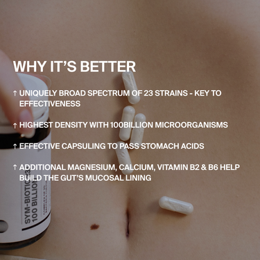 Nahaufnahme eines nackten Oberkörpers mit weißen Kapseln, die auf der Haut verstreut sind. Der eingeblendete Text hebt SYM-BIOTIC 23/100 BILLION DARMBAKTERIEN DOUBLE von DALUMA hervor, das verschiedene Stämme, hohe probiotische Kulturen und zusätzliche Vitamine/Mineralien enthält.