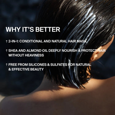 Eine Person mit nassem dunklem Haar trägt cremigen CLEAN HAIR CONDITIONER von DALUMA in Strähnen auf. Überlagerter Text hebt hervor: 2-in-1-Conditioner, Feuchtigkeit für trockenes Haar, pflegende Öle, silikon- und sulfatfrei.